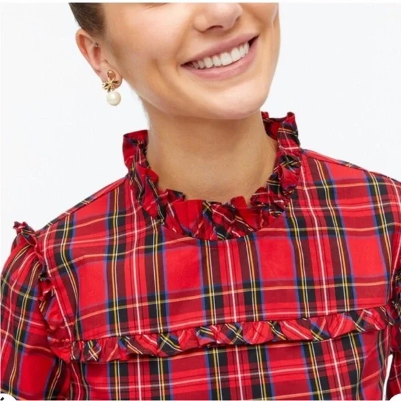 J. Crew Tartan Plaid Ruffle Popover Poplin Blouse Preppy Holiday Red Medium - Picture 2 of 11
